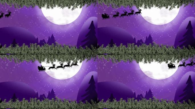 圣诞老人在雪橇上与驯鹿在冬季景观和月亮上的动画