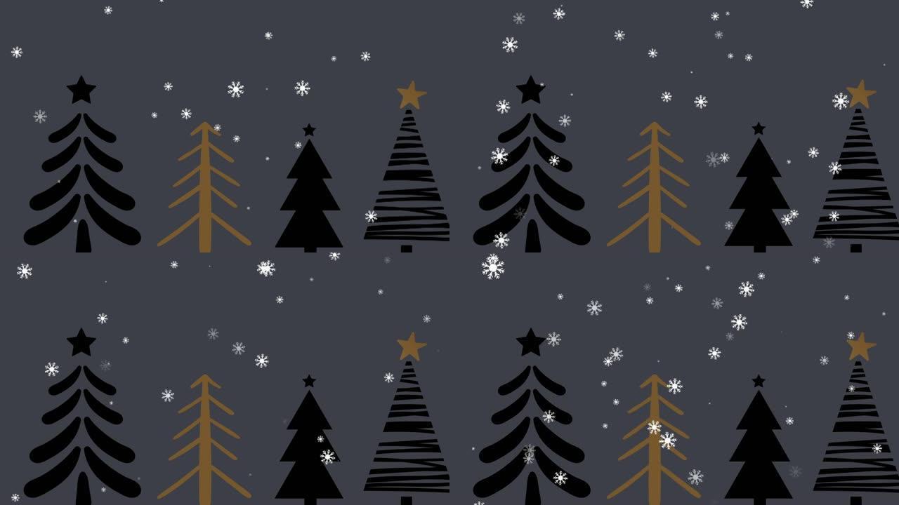 黑色背景上的雪花落在圣诞树上的动画