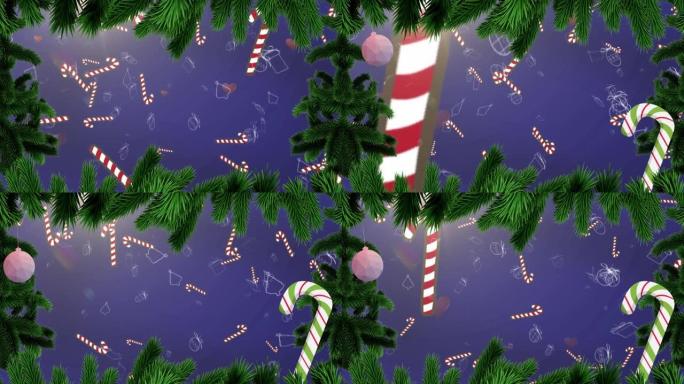 杉树和糖果上的圣诞节装饰品的动画掉落
