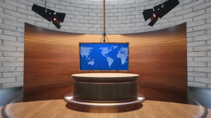3D虚拟电视演播室新闻，墙上的电视。3D虚拟新闻演播室背景循环