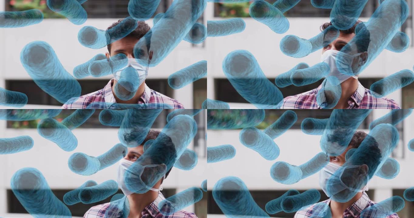戴着口罩的拉丁男子身上病毒细胞的动画