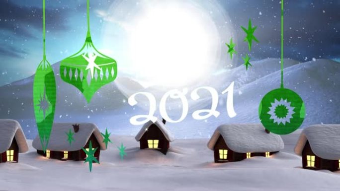 动画2021年文本冬季风景与房子