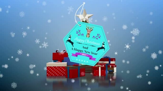 圣诞节和新年快乐文字横幅悬挂在蓝色背景下的圣诞礼物上
