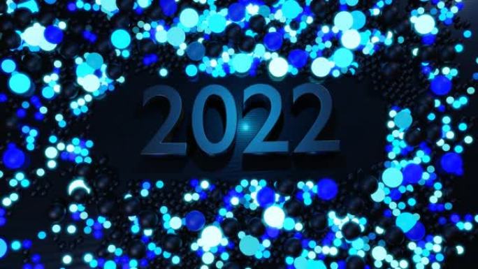 循环新年bg。数字2022和圣诞花环的球或球体散落在平面上，它们点亮蓝色，形成美丽的图案。带霓虹灯的