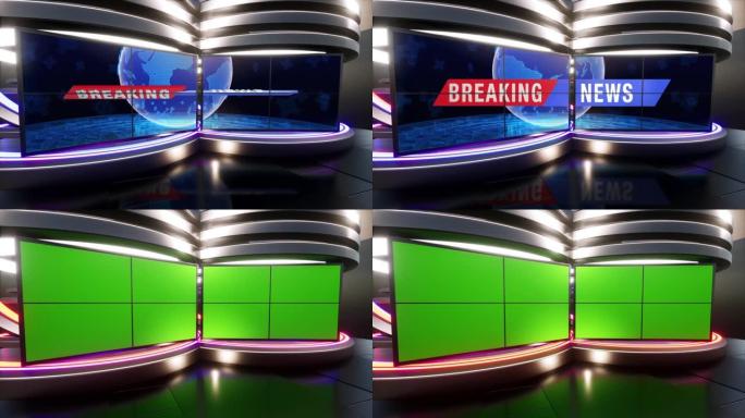 背景循环中带有霓虹灯的3D虚拟电视演播室新闻