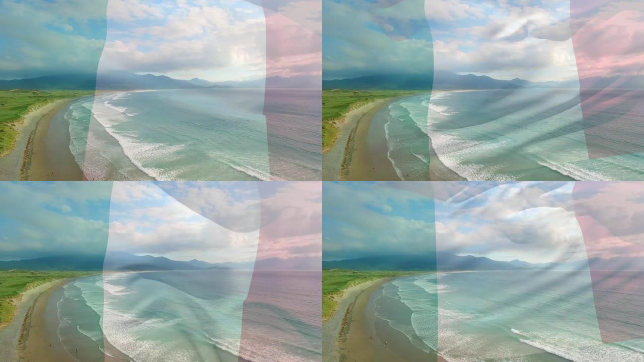 意大利国旗的动画在海滩景观，多云的蓝天和大海上飘扬
