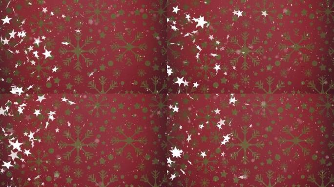 圣诞星星落在红色雪花背景上的动画
