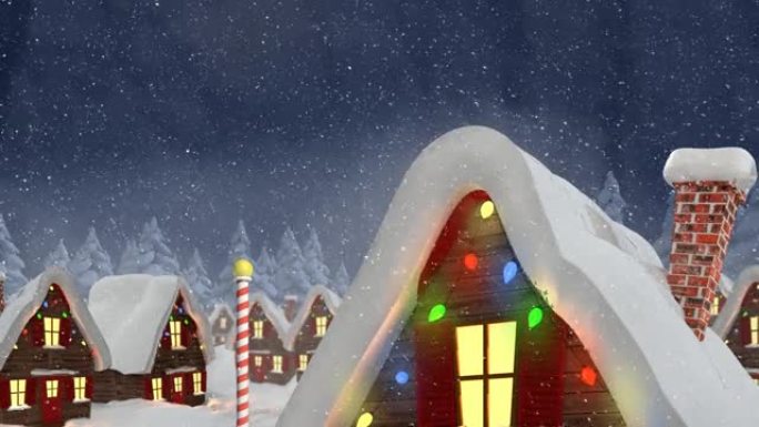 冬季景观中飘落有仙灯装饰的房屋上的雪的动画
