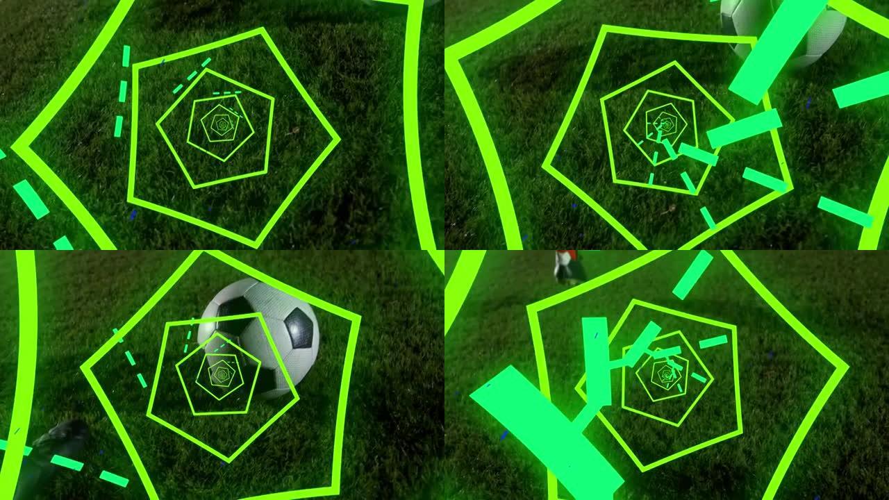 足球运动员在球场上踢球的六角形螺旋和线条的动画
