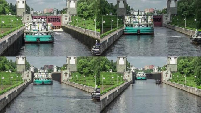 在俄罗斯莫斯科的莫斯科运河水闸前的船。。