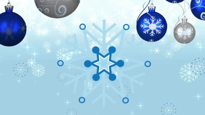蓝色背景上雪花上的圣诞球动画