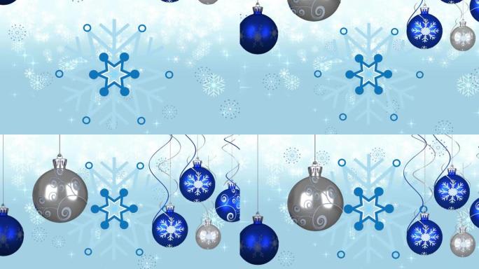 蓝色背景上雪花上的圣诞球动画