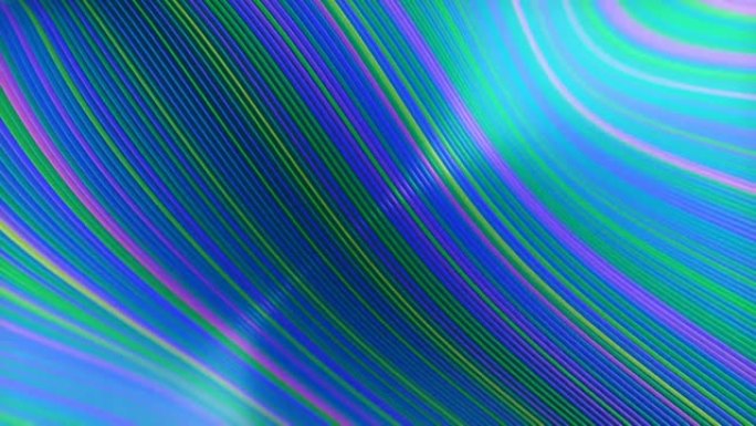 条纹图案浮动五彩线的波浪形数字动画。时尚抽象模板与弯曲的虹彩线。景深。3d渲染。4K，超高清分辨率