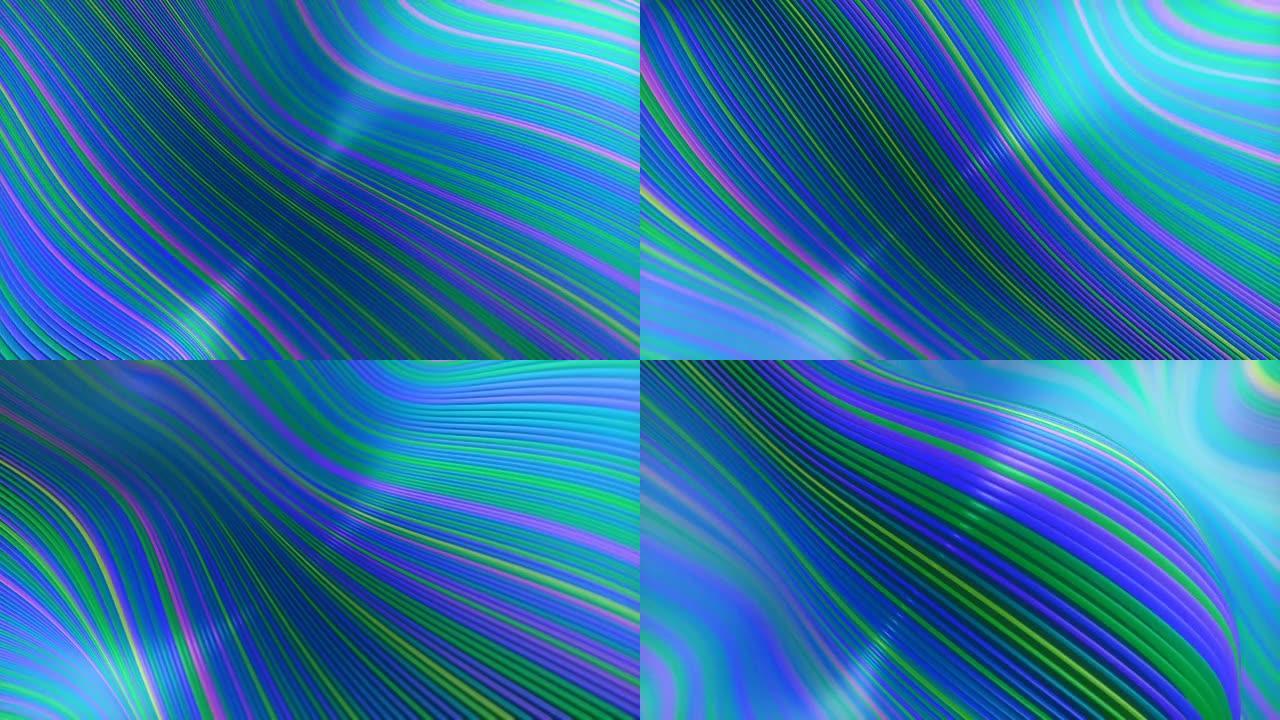 条纹图案浮动五彩线的波浪形数字动画。时尚抽象模板与弯曲的虹彩线。景深。3d渲染。4K，超高清分辨率