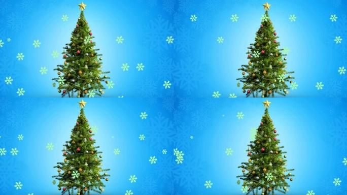 蓝色背景下的雪花和圣诞树的动画