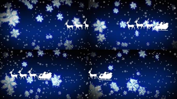 雪橇上的圣诞老人被驯鹿拉着，抵御雪花漂浮和白色斑点掉落