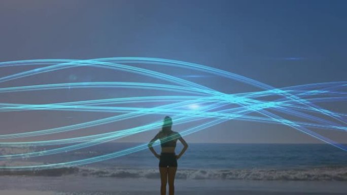 白种人妇女在海滩上练习瑜伽的蓝线动画