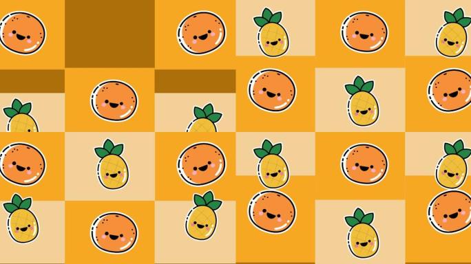 在黄色几何背景上移动水果的动画