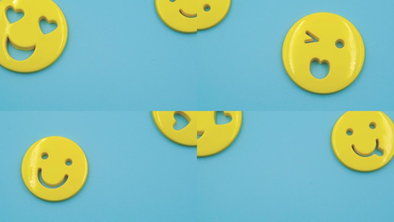 一组黄色的快乐笑脸表情符号人物，带有简单的积极心态圆圈模板，柔和的蓝色背景上的黄色图标，平滑的圆形动