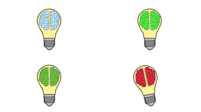 灯泡里的大脑。创意。视频插图。