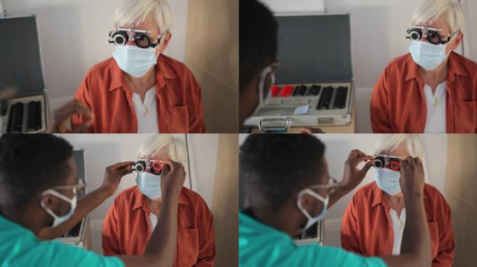 在医疗诊所接受特殊眼科眼镜视力检查的高级妇女
