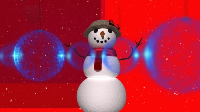 蓝色圣诞节小玩意在雪人和积雪上的动画
