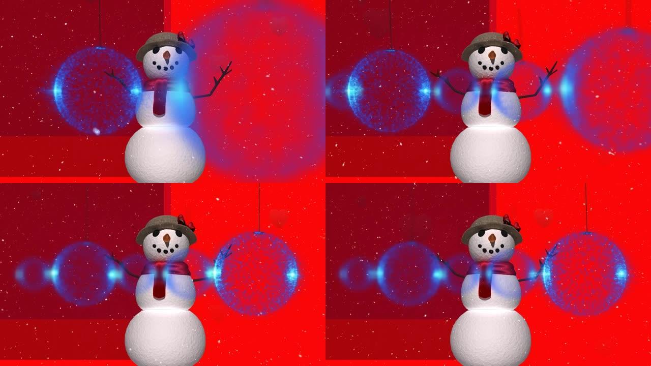 蓝色圣诞节小玩意在雪人和积雪上的动画