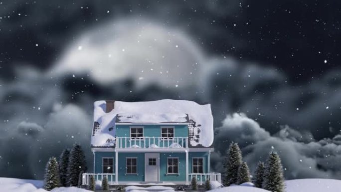 夜间降雪动画冬季景观与房子