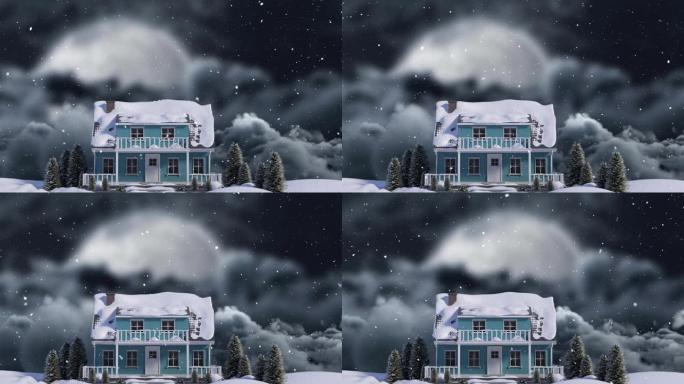 夜间降雪动画冬季景观与房子