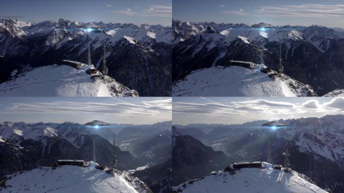 飞碟盘旋在靠近基地天线的地方，欧洲阿尔卑斯山，空中