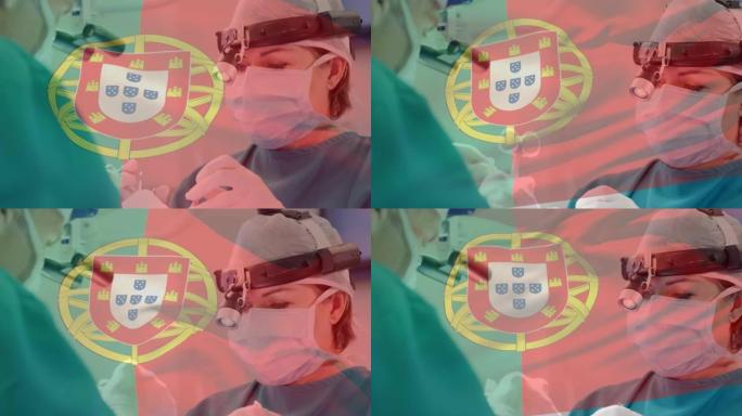 在手术室中，葡萄牙国旗在外科医生上的动画