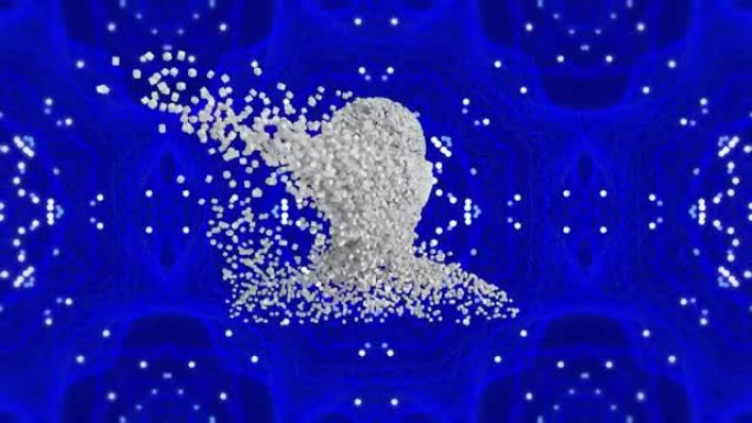 蓝色万花筒图案背景上爆炸粒子形成的人头动画
