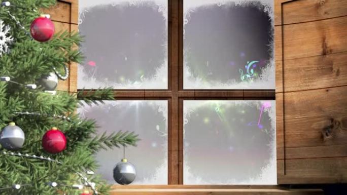 圣诞树和木制窗框，黑色背景上的彩色光点