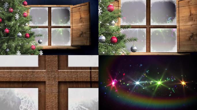 圣诞树和木制窗框，黑色背景上的彩色光点