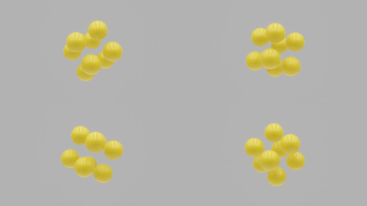 黄色3d球体结构在白色背景上移动。抽象无缝循环3D渲染运动图形对象