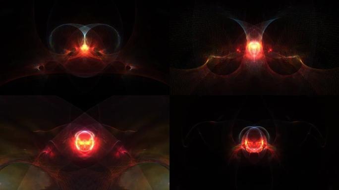 抽象动画视觉艺术技术在黑色上发光红色黑暗对称辉光丝网波。4k 3D动态流未来派丝网涡流隧道运动，适用
