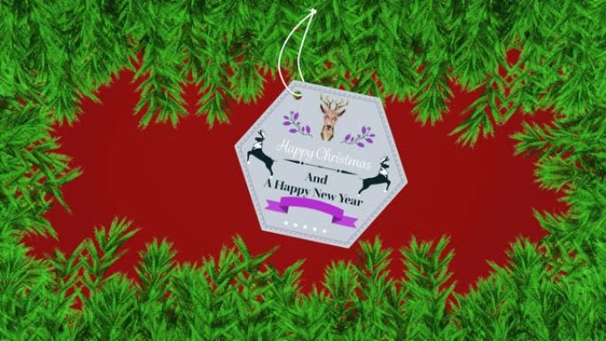 红色背景上的杉木树枝标签上的圣诞问候动画