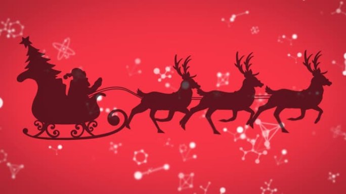 在红色背景上被驯鹿拉动的雪橇中漂浮在圣诞老人身上的分子结构