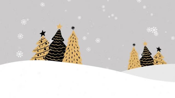 冬季风景中圣诞树上飘雪的动画