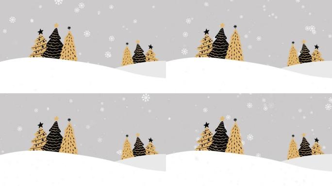 冬季风景中圣诞树上飘雪的动画