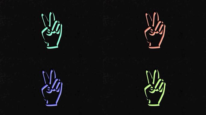 霓虹灯胜利手势图标在纹理背景上的动画