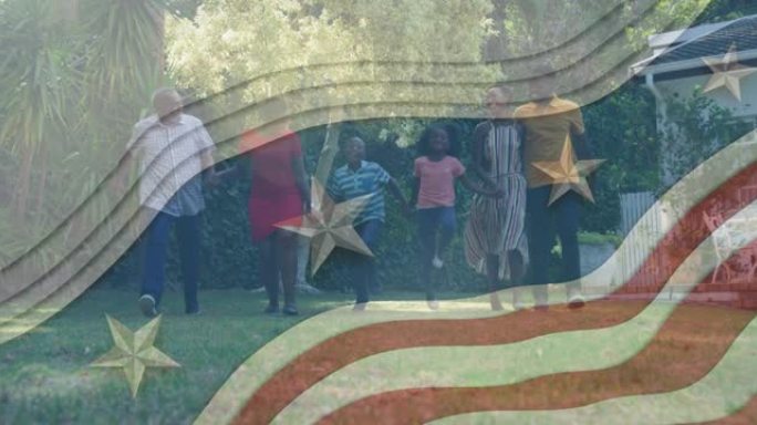 美国国旗向微笑的非洲裔美国家庭挥手的动画