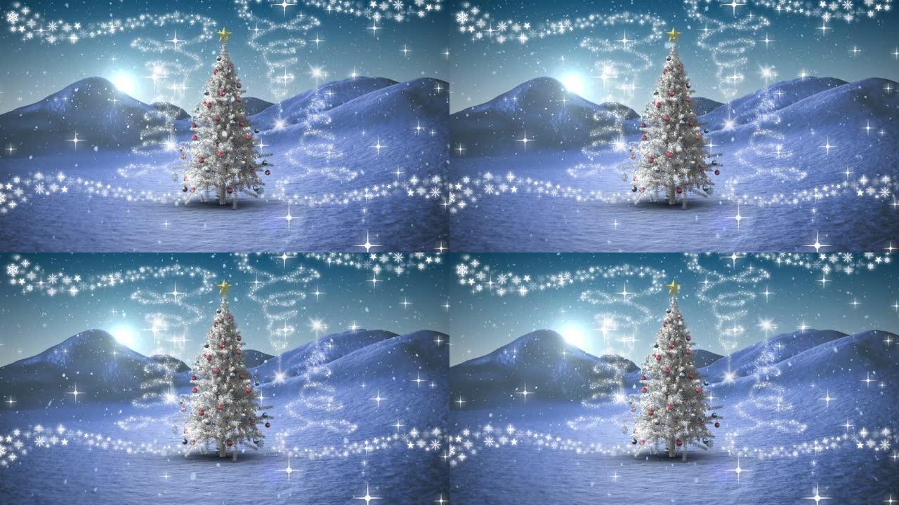 多个星星图标上的冬季景观上的圣诞树上的雪