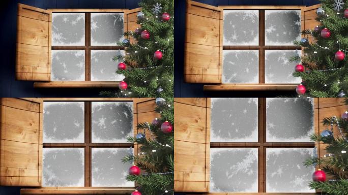 从灰色背景上的窗户看到雪花落下的圣诞树动画