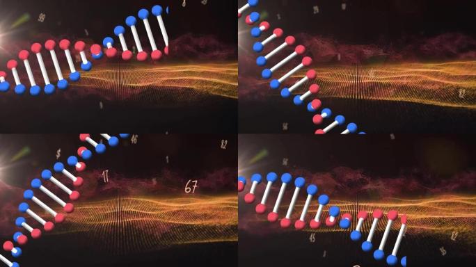 黑色背景上的时钟，dna链和数字动画