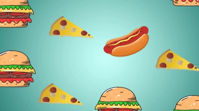 蓝色背景下掉落的比萨饼，汉堡包和热狗的动画