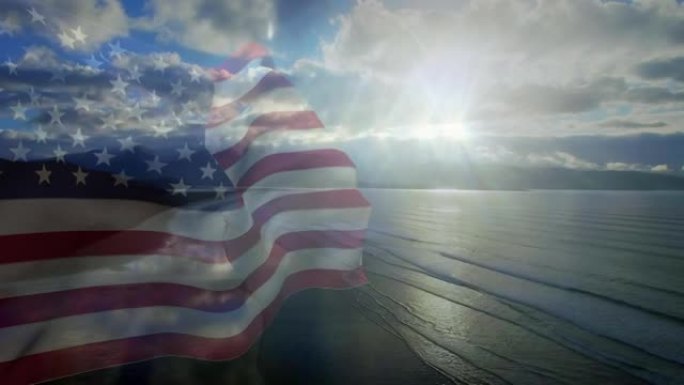 美国国旗的数字构图在海中挥舞着鸟瞰图