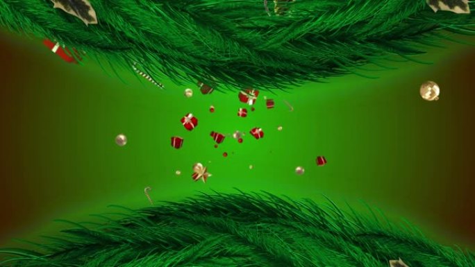礼物落在绿色背景上的杉树树枝上的动画
