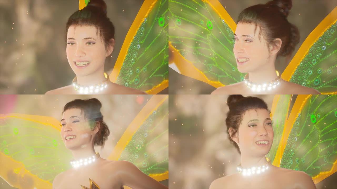 一个美丽的仙女在一个神奇的仙女洞穴中飞翔的特写镜头。该名女子是使用计算机3D图形创建的。3D渲染。该