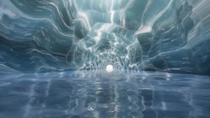 蓝冰隧道水晶洞穴与水海未来走廊4k